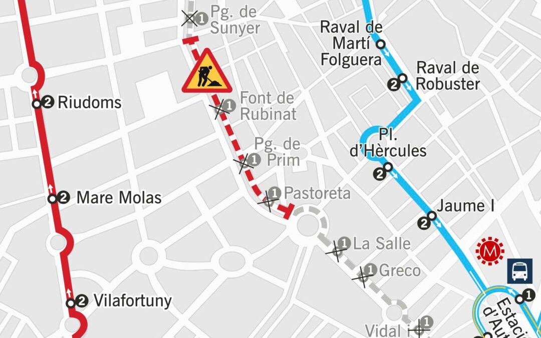 Afectacions del recorregut de les línies del transport urbà de la ciutat de Reus amb motiu de les obres per la renovació de la xarxa de sanejament al Pg. Prim.